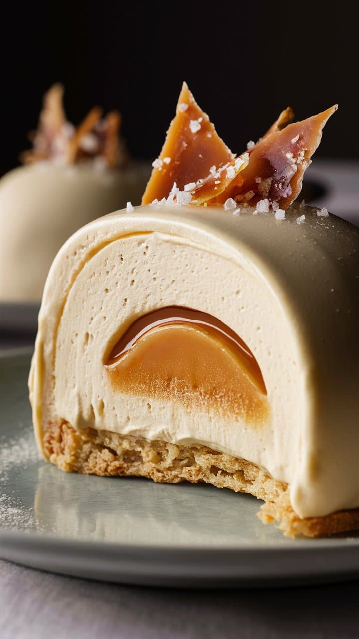 Gâteau mousse caramel sur assiette grise.