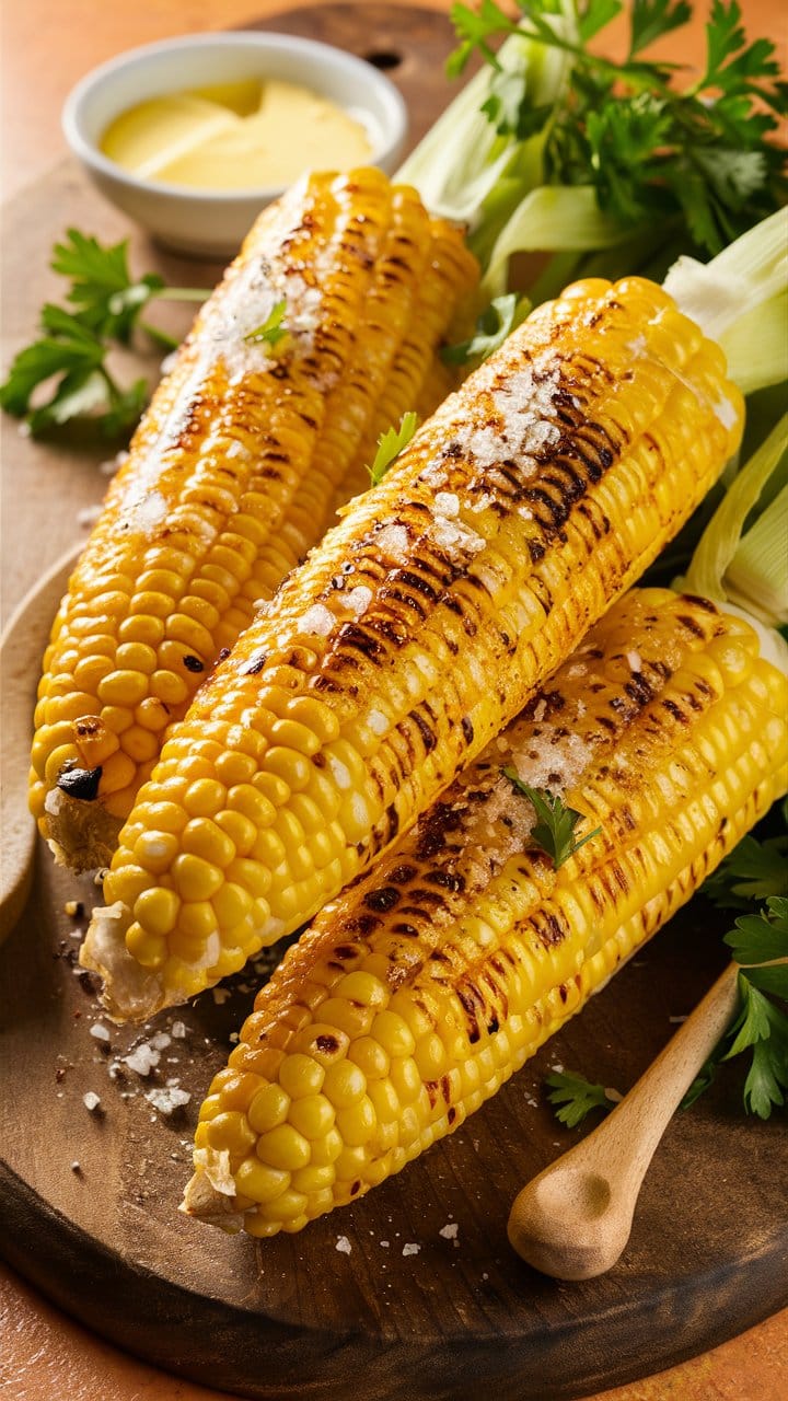Épis de maïs grillés avec beurre et sel.