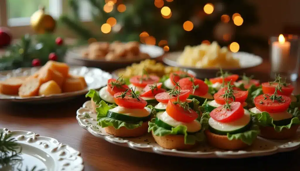 Plateau d'amuse-bouches festifs avec sapin en arrière-plan.