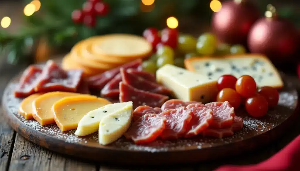 Plateau de charcuterie et fromage festif sur table en bois.