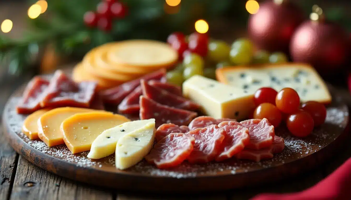 Plateau de charcuterie et fromage festif sur table en bois.