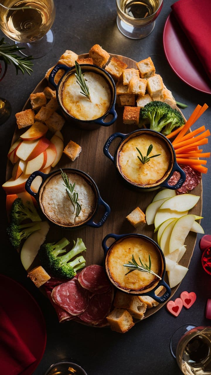 Plateau apéritif avec légumes, fromages et charcuterie.