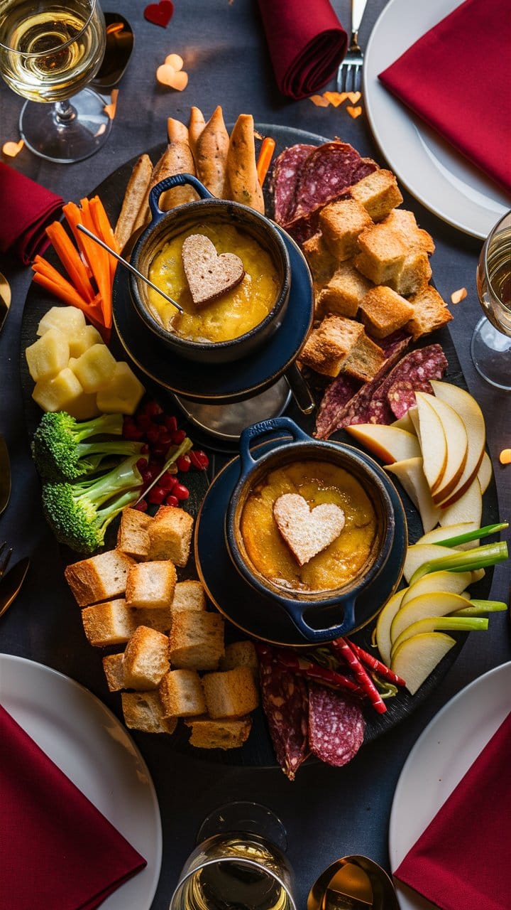 Fondue au fromage avec accompagnements variés et vin.