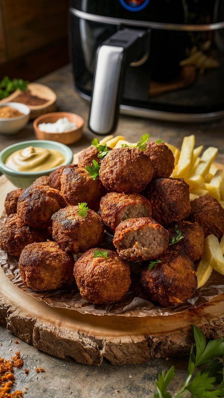 Boulettes de viande frites avec frites et sauce