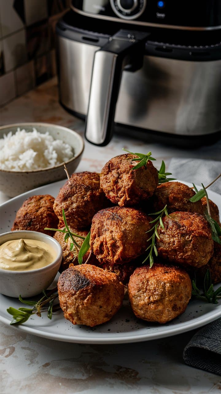 Boulettes de viande avec riz et sauce, friteuse visible.