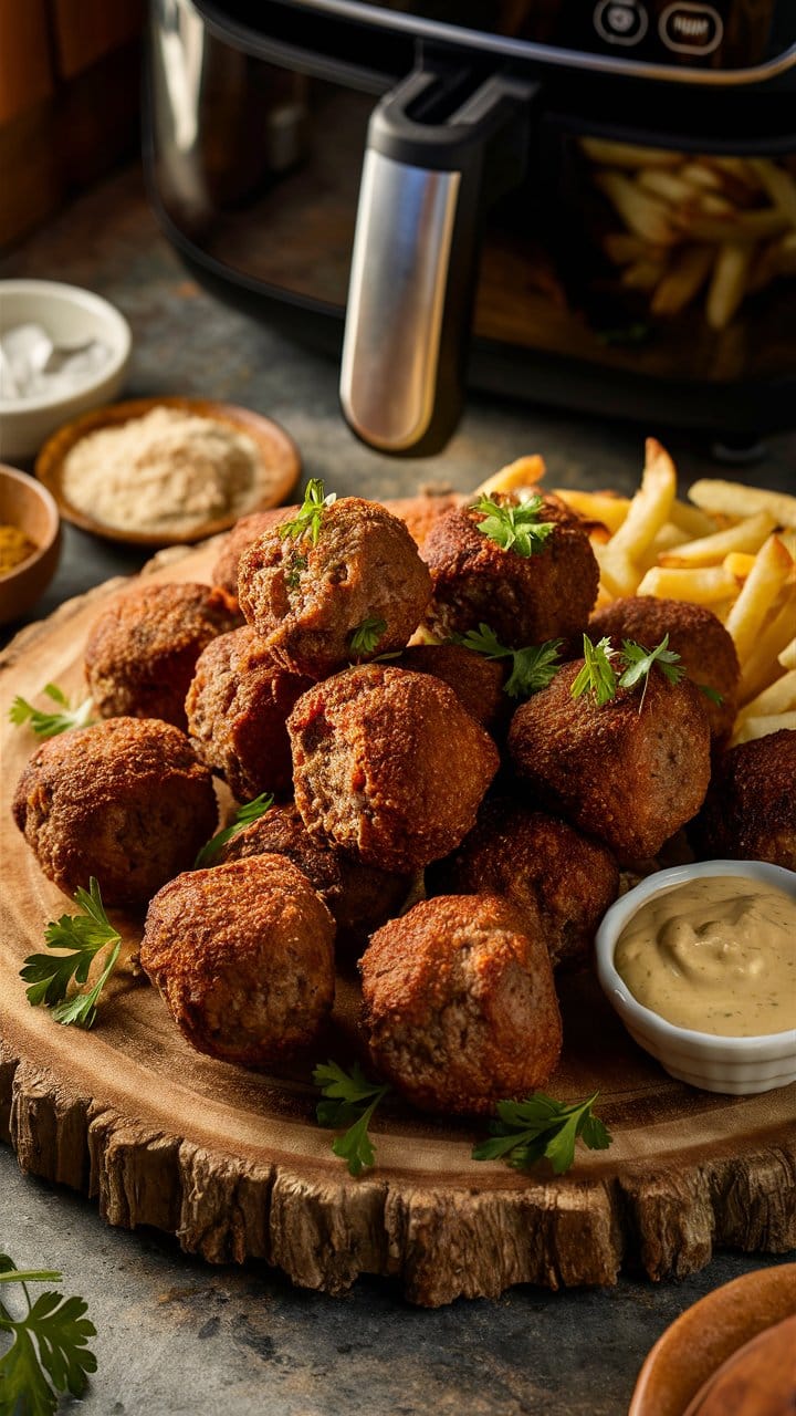 Assiette de boulettes et frites avec sauce.