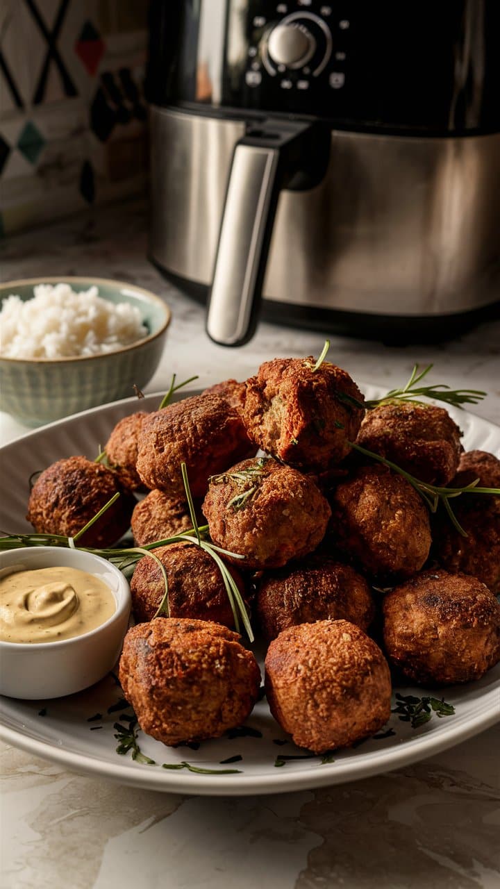 Assiette de boulettes avec moutarde et riz
