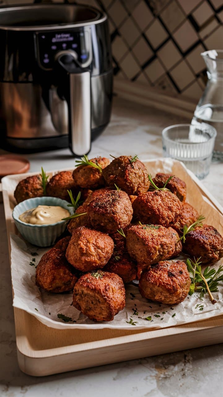 Boulettes de viande avec sauce devant une friteuse