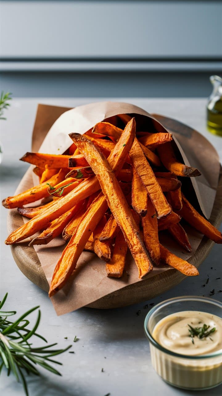 Frites de patates douces servies avec sauce crémeuse.