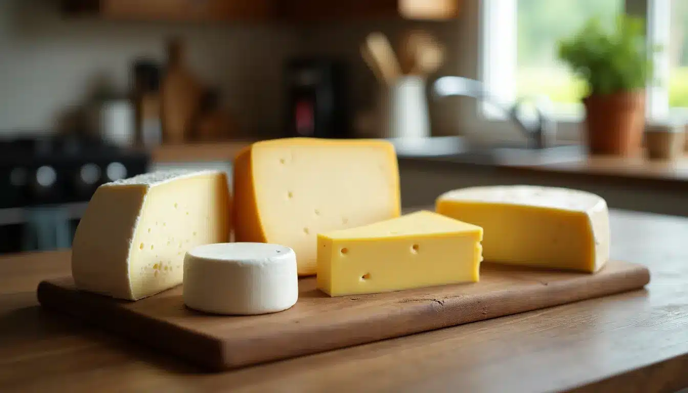 Plateau de fromages variés sur une table en bois.