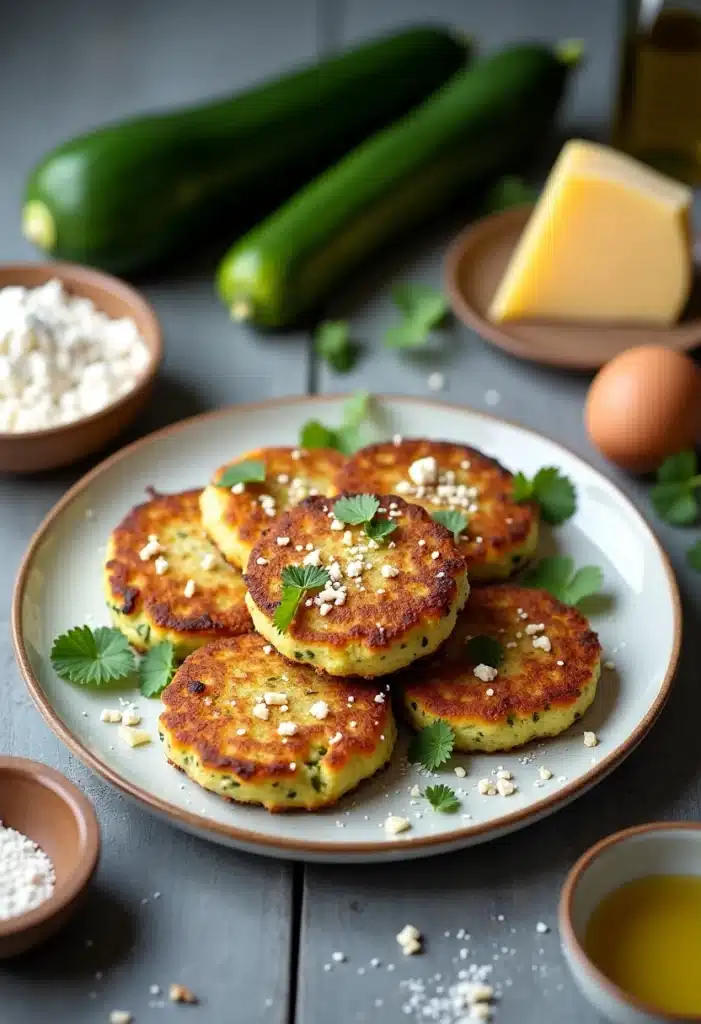 Galettes de courgette garnies de fromage et herbes fraîches.