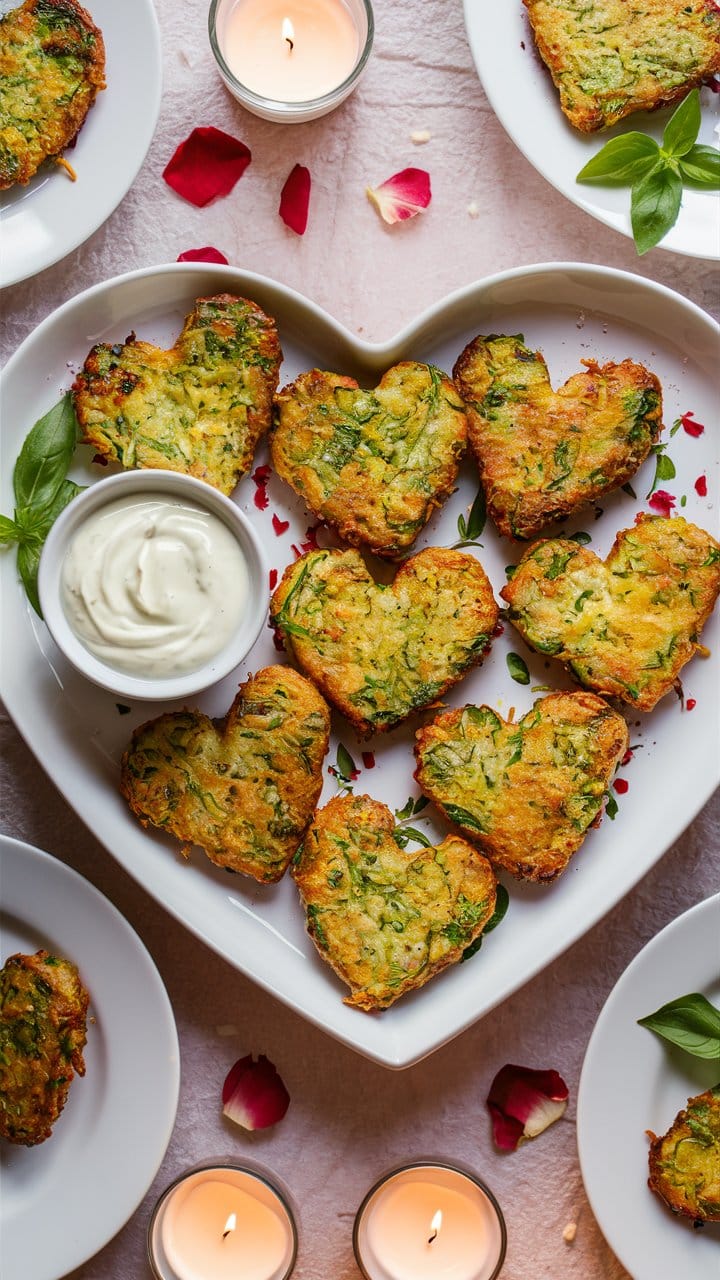 Galettes de légumes cœur avec sauce et bougies.