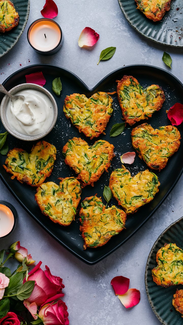 Galettes courgette en forme de cœur, dip à côté.
