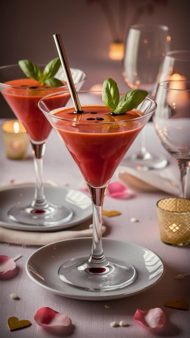 Cocktail rouge élégant avec basilic frais décoratif.