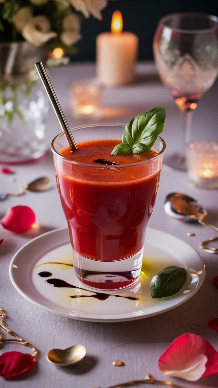 Cocktail de tomates avec basilic frais sur table élégante.