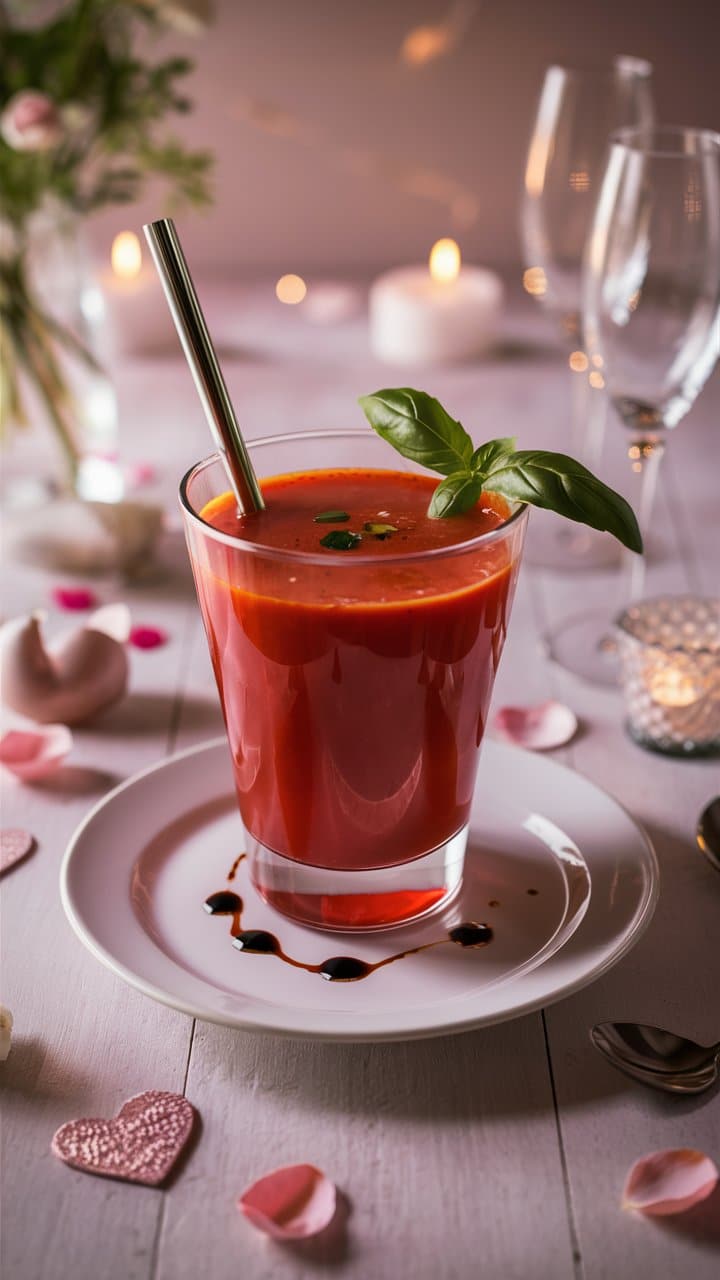 Verre de soupe tomate élégante avec basilic.