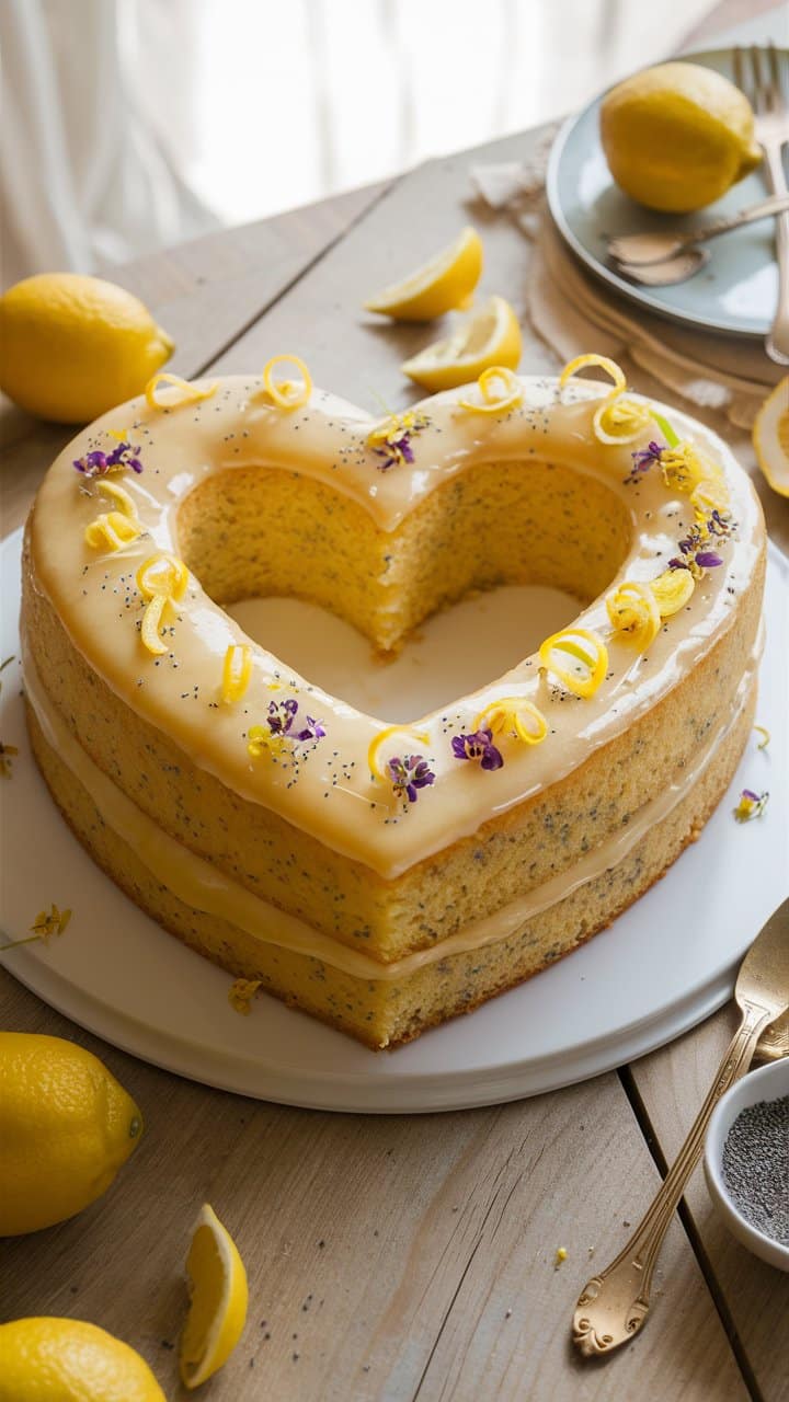 Gâteau cœur citron, glaçage et zestes décoratifs.