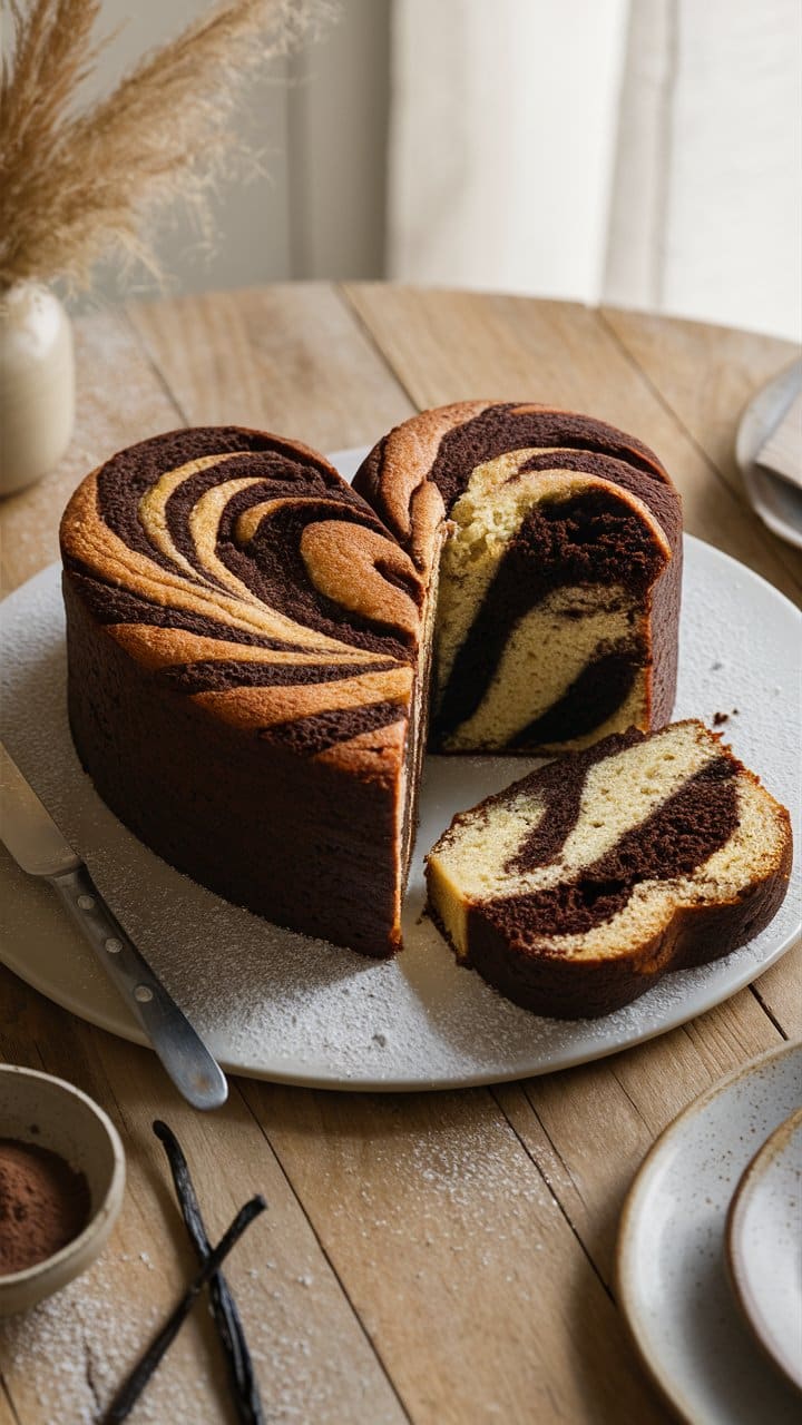 Gâteau marbré au chocolat sur assiette blanche.