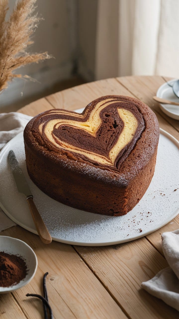 Gâteau marbré en forme de cœur, sur table bois.