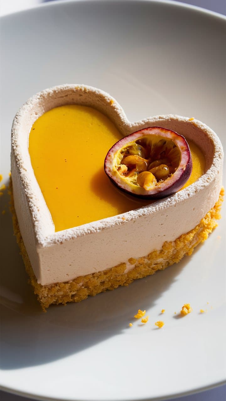 Gâteau en forme de cœur avec fruit de la passion.