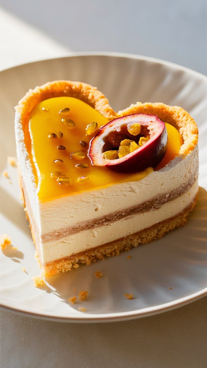Gâteau en forme de cœur avec fruit de la passion.