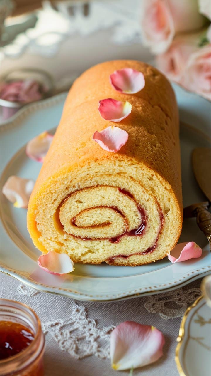 Gâteau roulé décoré de pétales de rose.