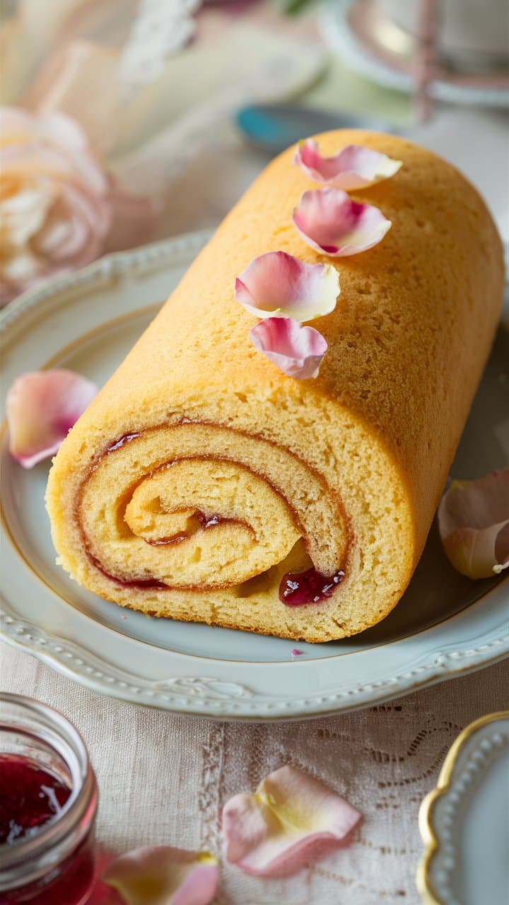 Roulé à la confiture avec pétales de rose