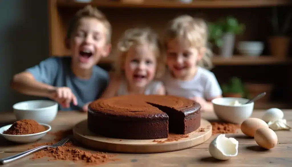 Enfants heureux avec gâteau au chocolat découpé.
