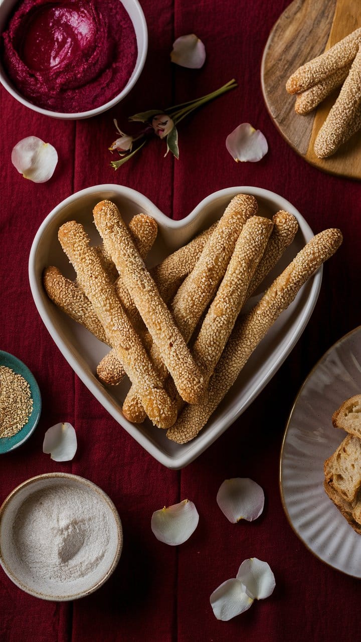 Gressins au sésame dans plat cœur.