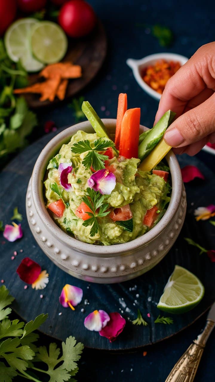 Guacamole coloré avec légumes et herbes fraîches.