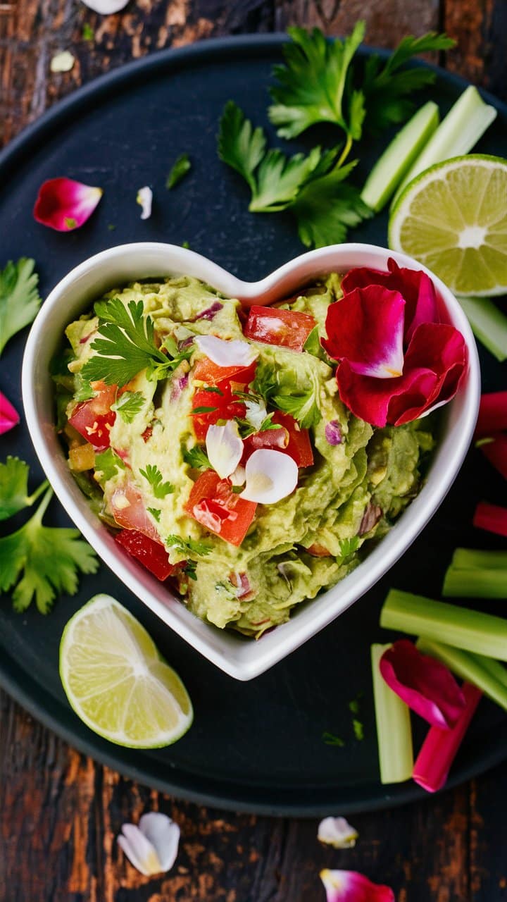 Guacamole décoré de fleurs et légumes verts
