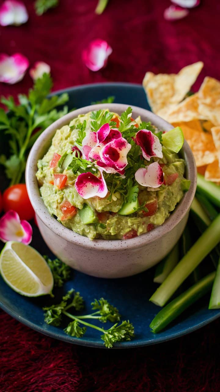 Guacamole avec légumes et chips sur assiette bleue.