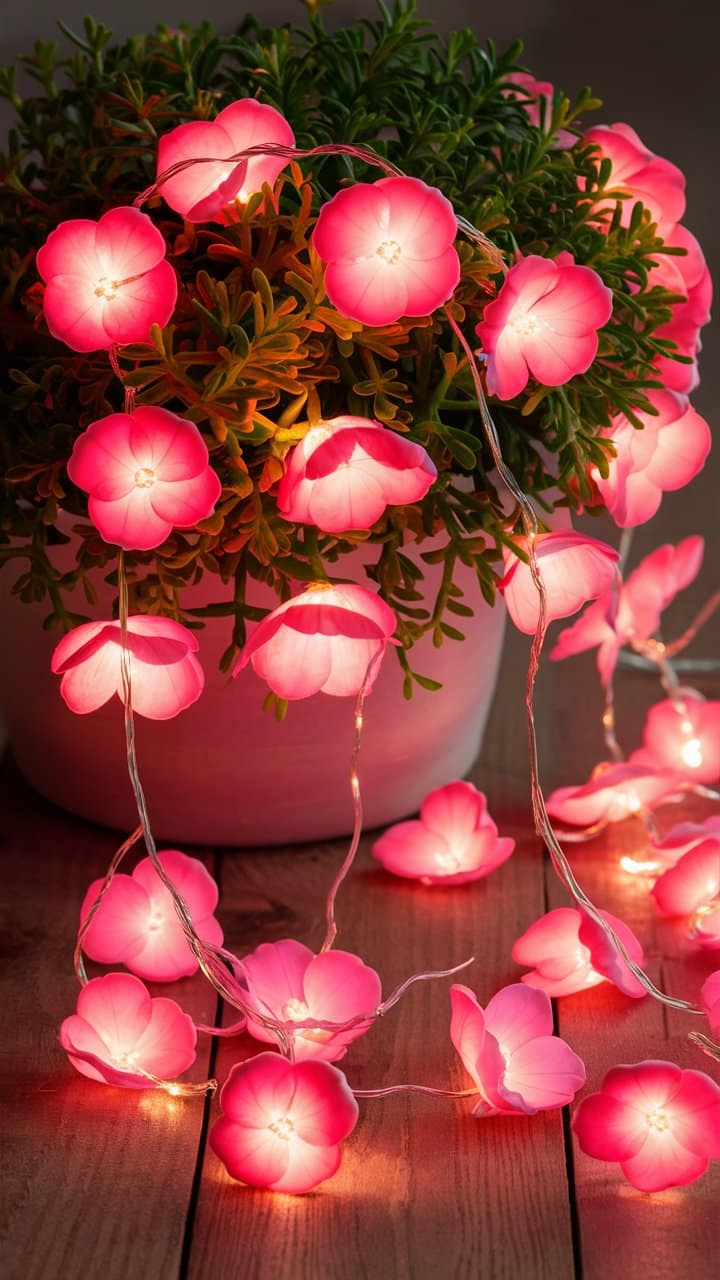 Guirlande lumineuse rose autour d'une plante verte.
