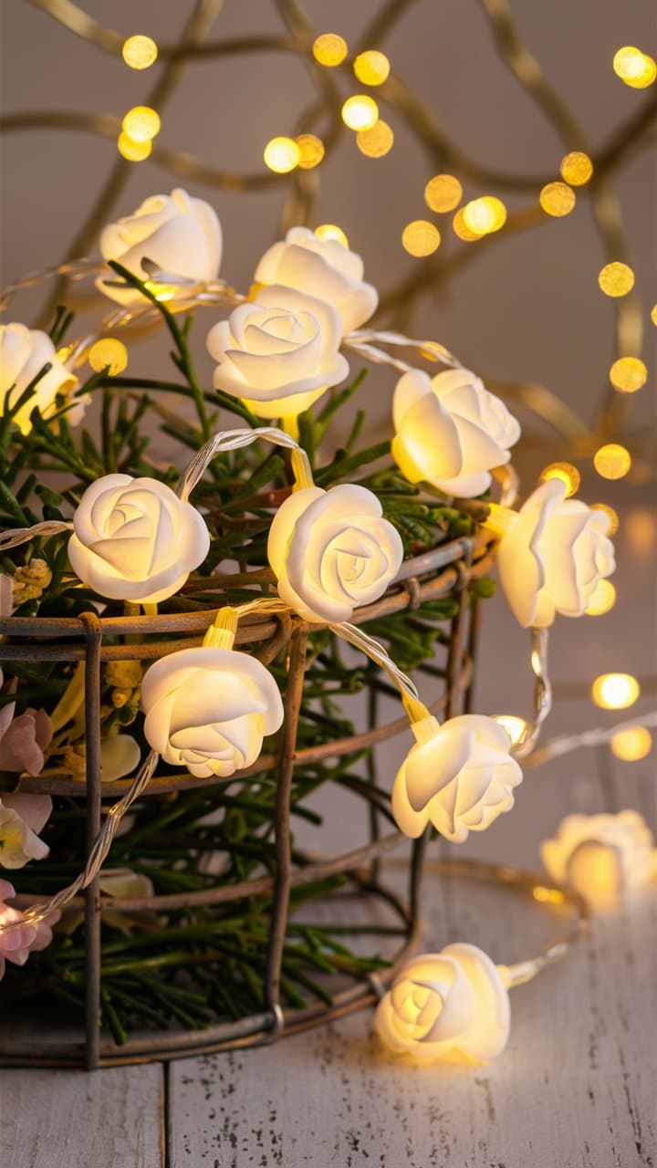 Guirlande lumineuse de roses blanches sur fond flou.