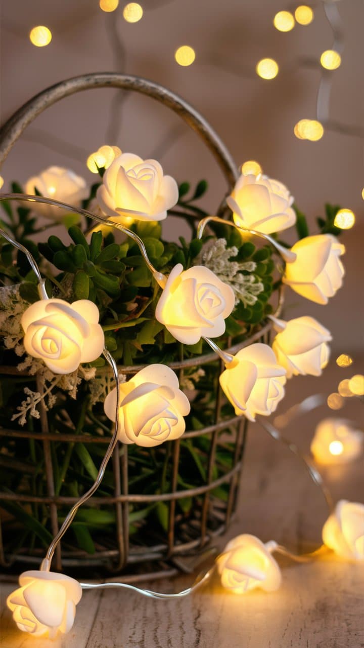 Guirlande lumineuse en roses blanches dans un panier.