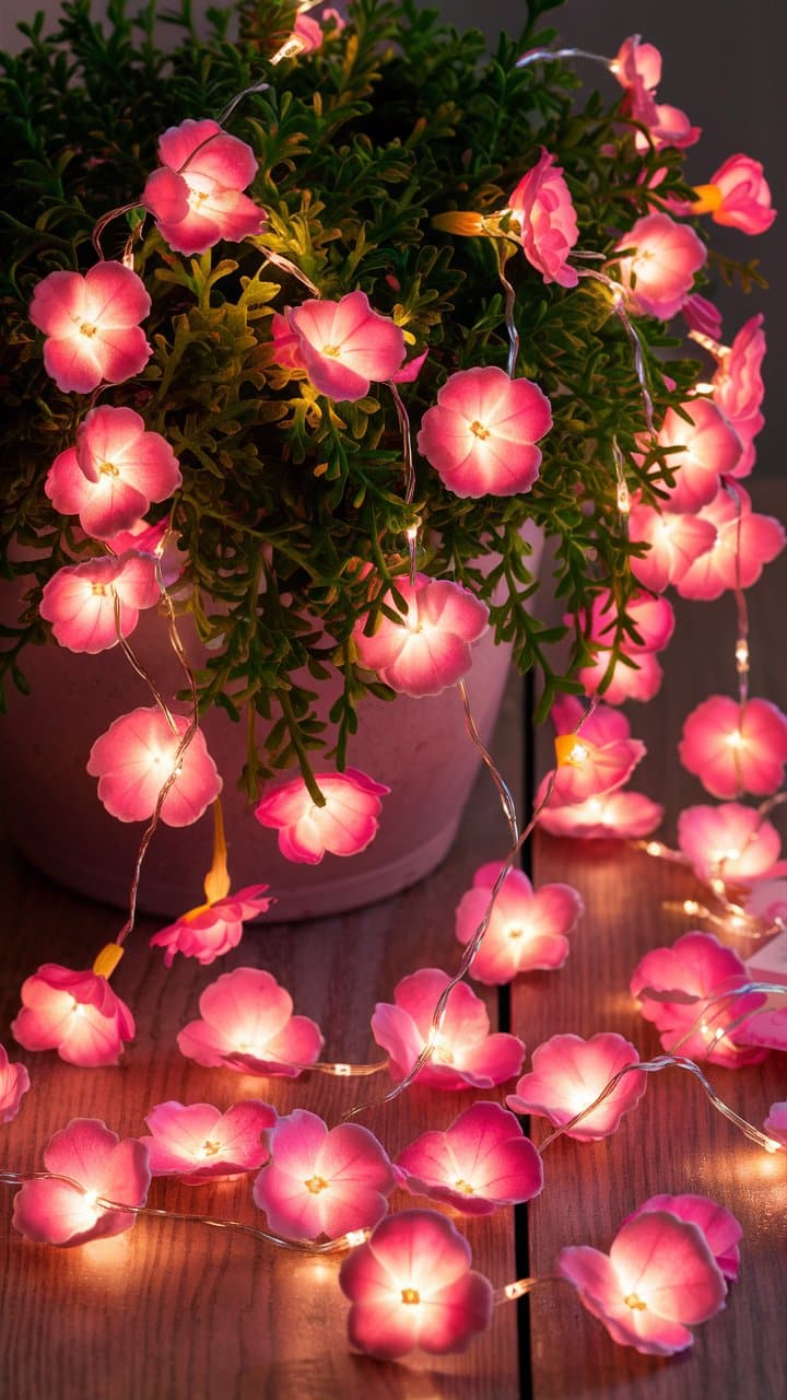 Guirlande lumineuse à fleurs roses sur plante