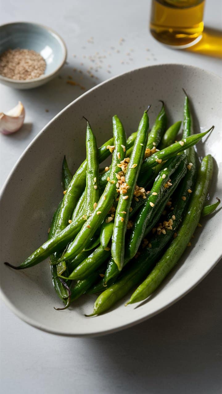 Haricots verts sautés avec ail et graines de sésame.