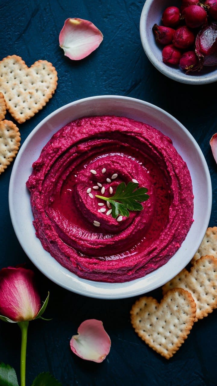 Houmous de betterave avec crackers et pétales de rose.