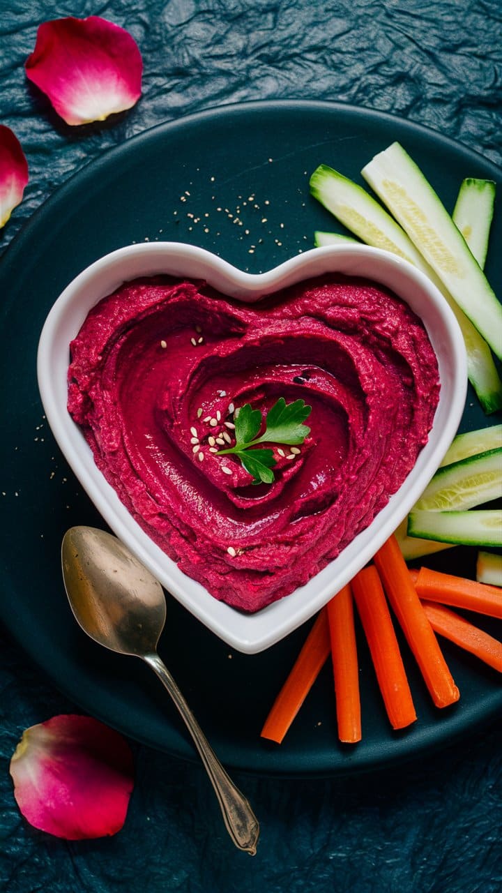 Houmous à la betterave en forme de cœur.