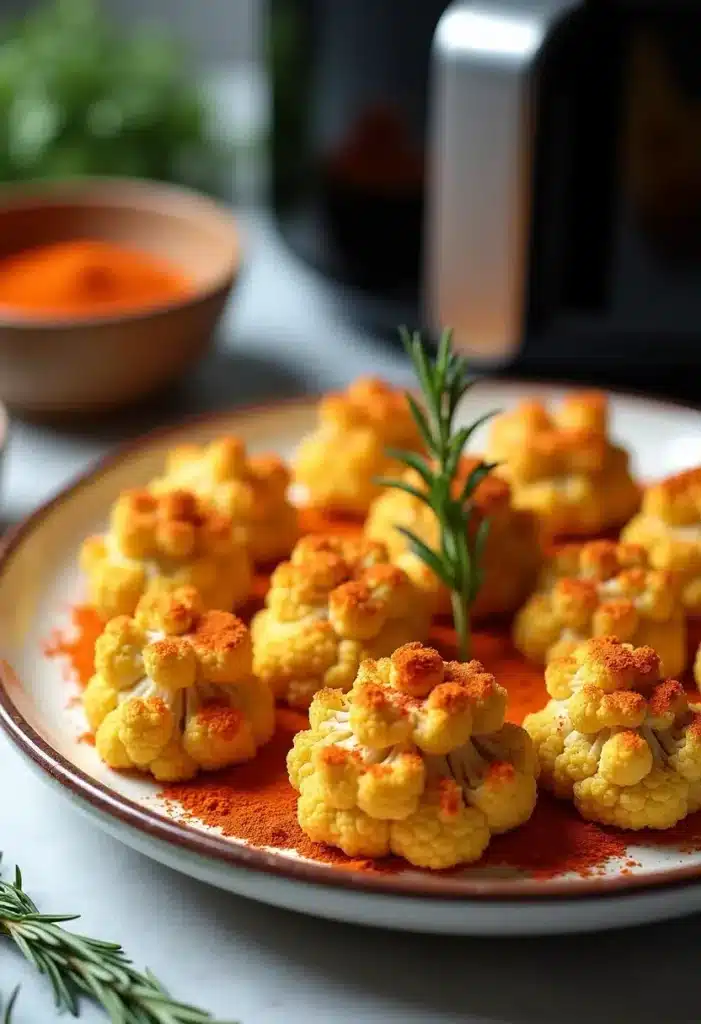 Chou-fleur rôti épicé au paprika sur assiette.