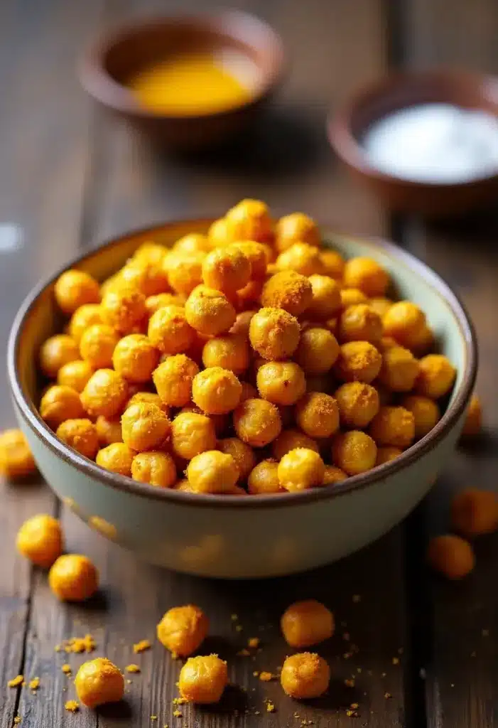 Bol de pois chiches grillés épicés sur table
