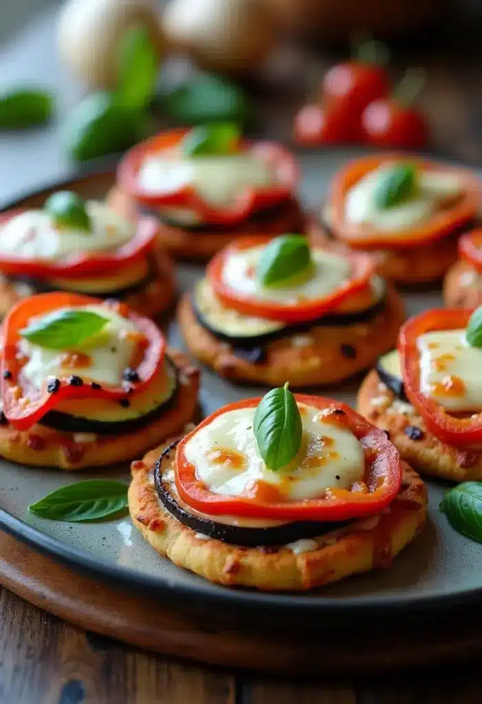 Mini pizzas légumes mozzarella basilic sur plateau.