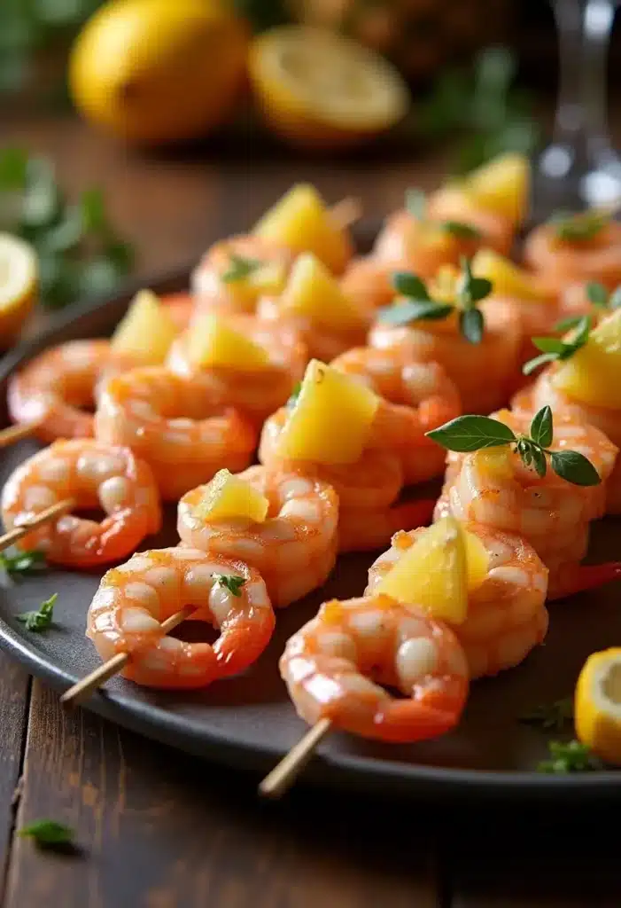 Brochettes de crevettes avec ananas et herbes.