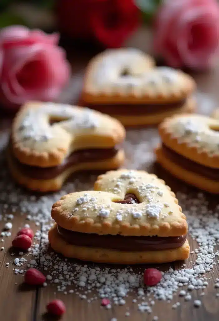 Biscuits cœur chocolatés, roses en arrière-plan.