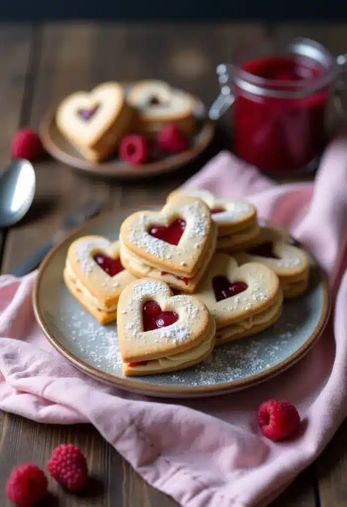 Biscuits cœur à la framboise et sucre glace.