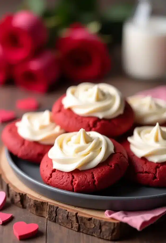 Cookies red velvet avec glaçage blanc sur assiette.