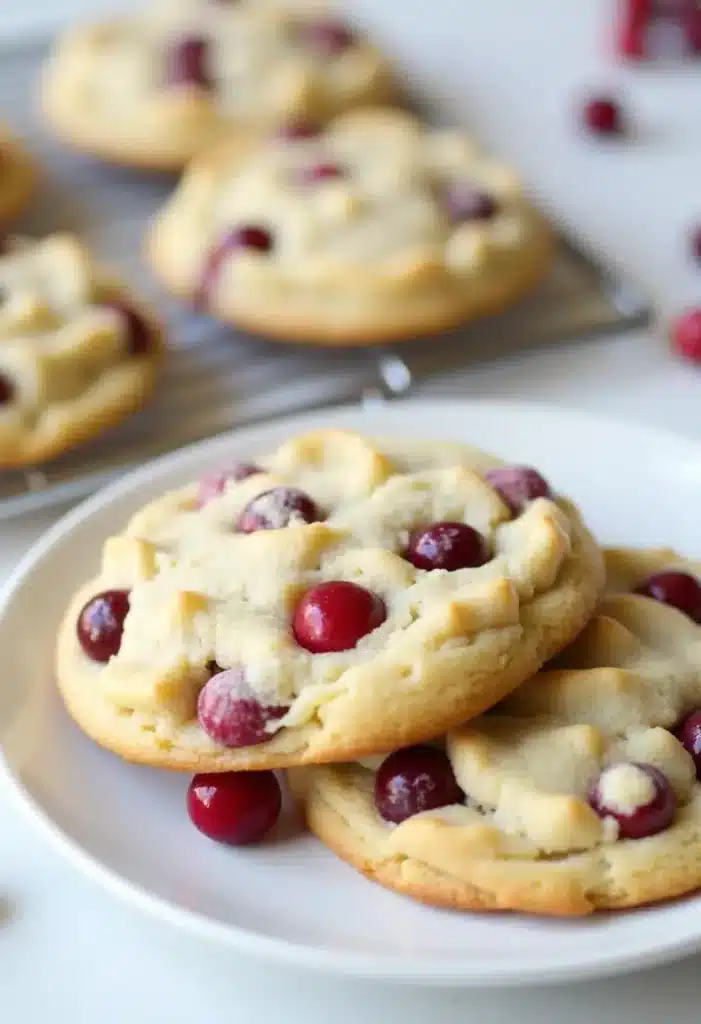 Biscuits aux canneberges sur une assiette blanche.