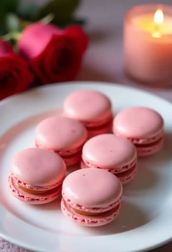 Assiette de macarons roses et bougie allumée.