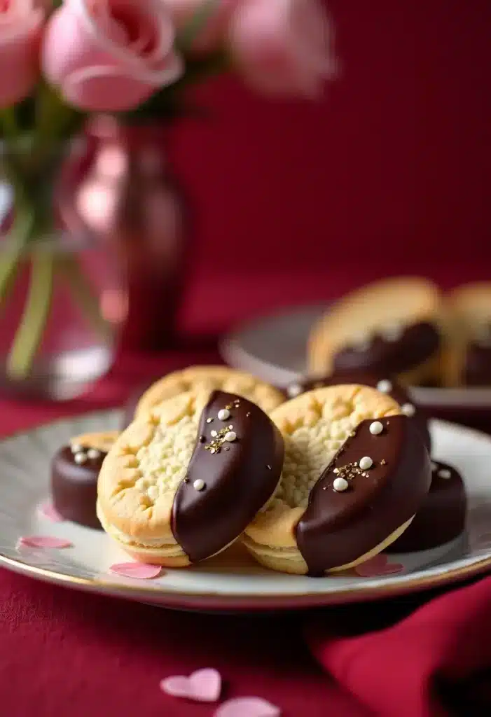 Biscuits au chocolat décorés, avec roses en arrière-plan.