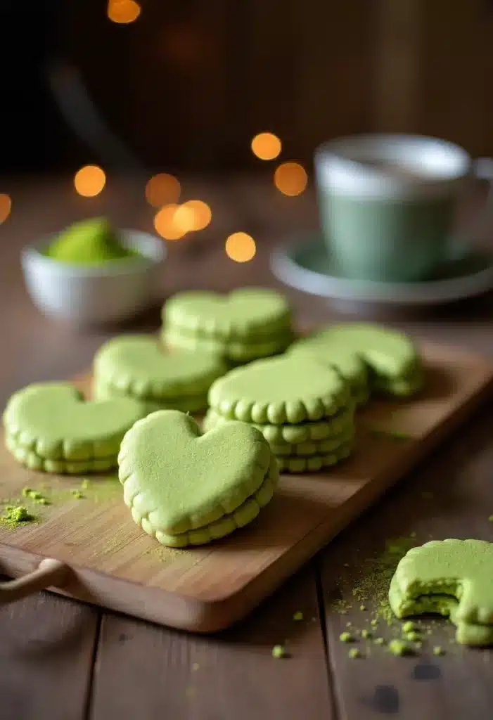 Biscuits verts en forme de cœur sur planche.
